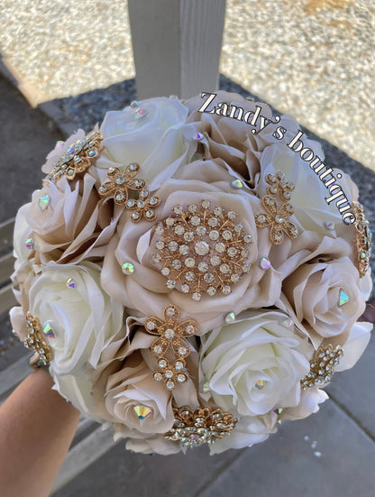 Champagne and Ivory with Gold Brooches Bouquet. CHI017 by MARINA’S CRAFT.