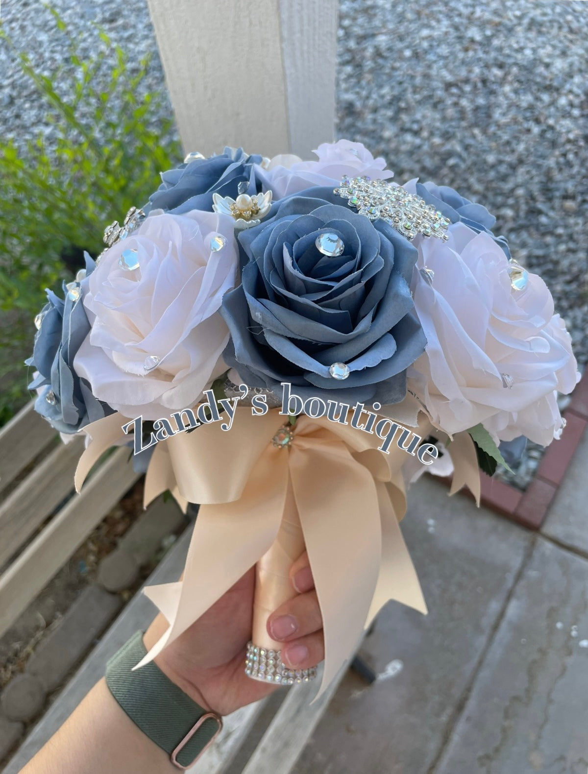 Dusty Blue With Cream Bouquet Along with Sparkly Silver and Flower Pearls Brooches Bouquet DBCR004 by MARINA'S CRAFT.