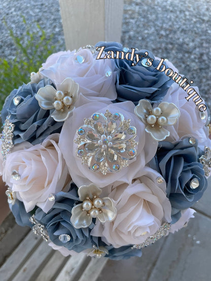 Dusty Blue With Cream Bouquet Along with Sparkly Silver and Flower Pearls Brooches Bouquet DBCR004 by MARINA'S CRAFT.