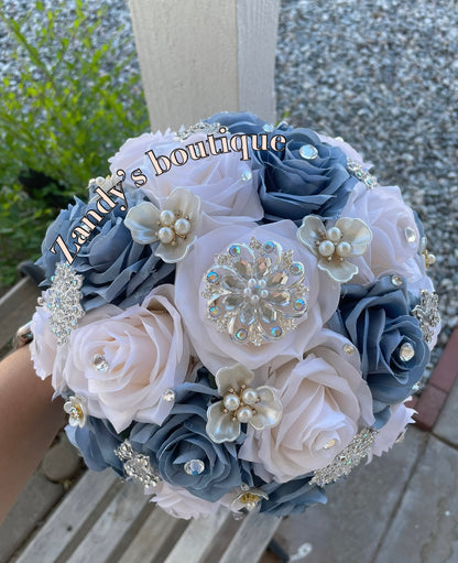 Dusty Blue With Cream Bouquet Along with Sparkly Silver and Flower Pearls Brooches Bouquet DBCR004 by MARINA'S CRAFT.