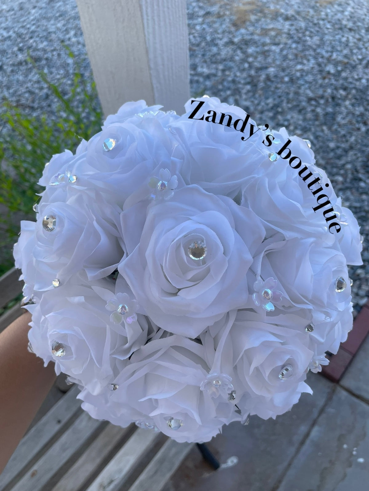 White with pearly flowers and silver diamonds brooch bouquet. WW008 by MARINA'S CRAFT.