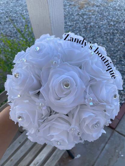 White with pearly flowers and silver diamonds brooch bouquet. WW008 by MARINA'S CRAFT.