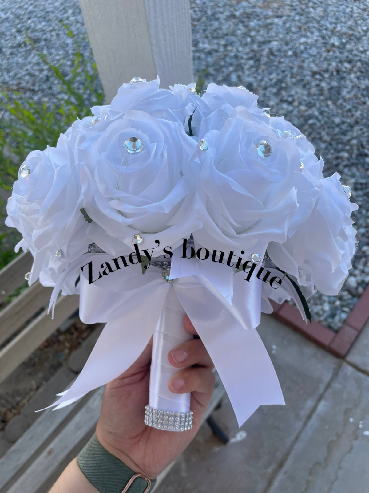 White with pearly flowers and silver diamonds brooch bouquet. WW008 by MARINA'S CRAFT.