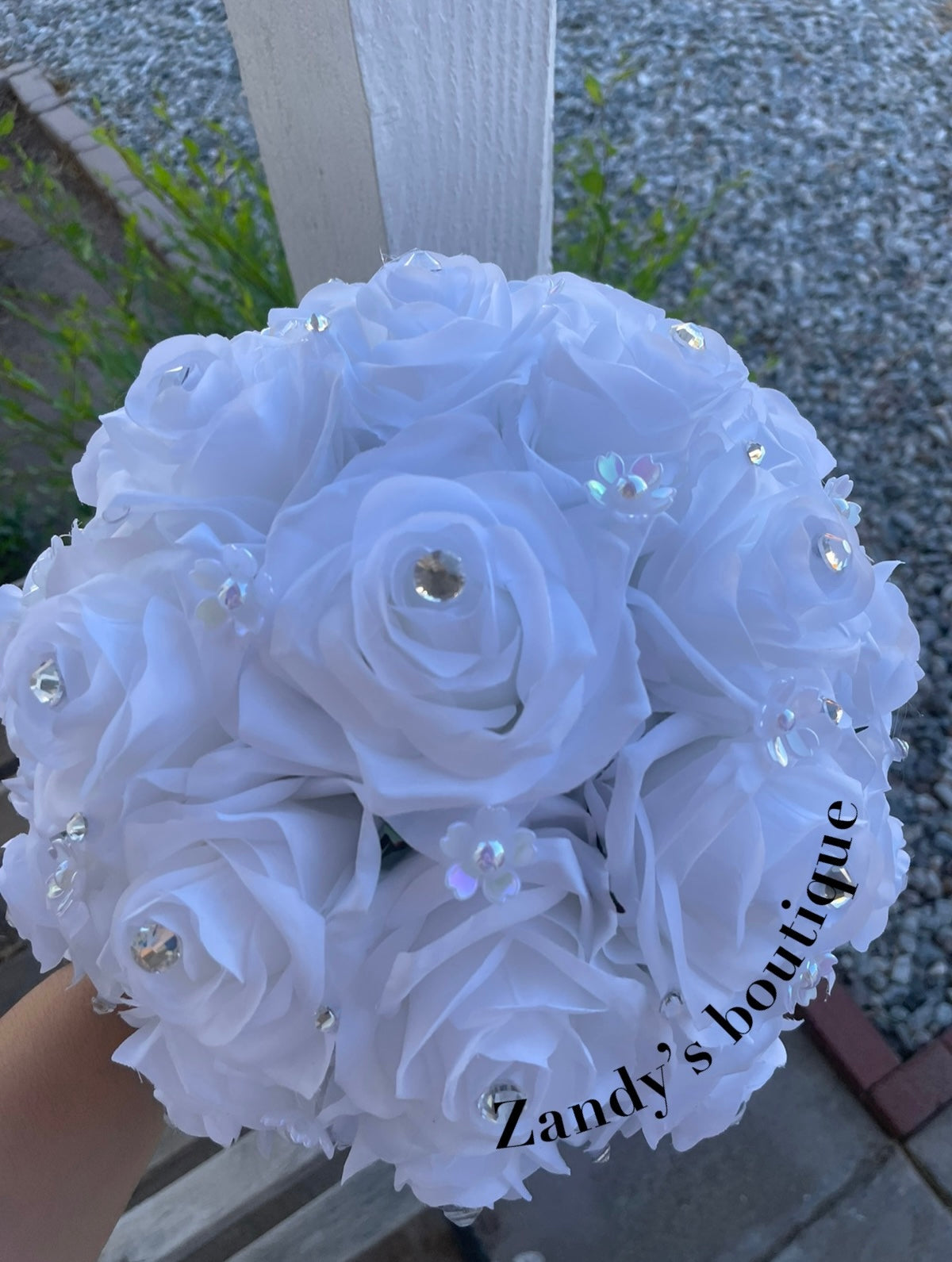 White with pearly flowers and silver diamonds brooch bouquet. WW008 by MARINA'S CRAFT.