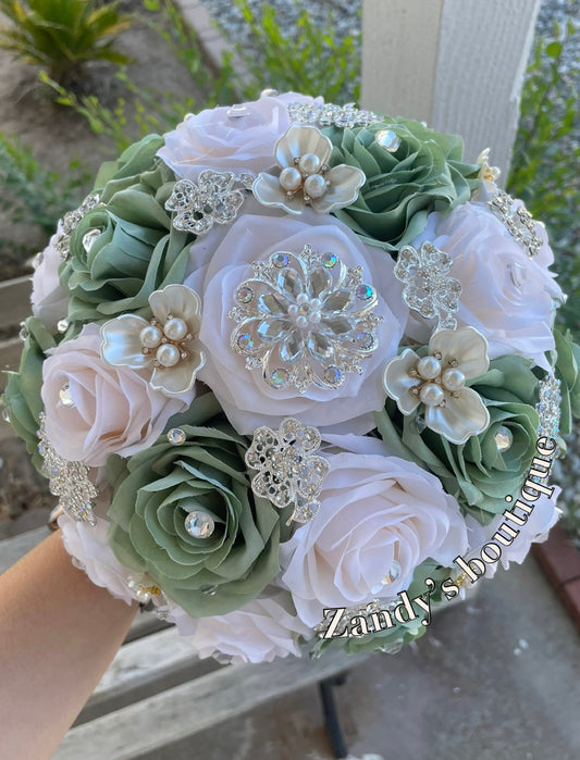 Sage With Cream Bouquet Along with Sparkly Silver and Flower Pearls Brooches Bouquet SCR003 by MARINA'S CRAFT.