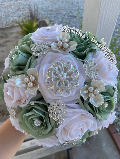 Sage With Cream Bouquet Along with Sparkly Silver and Flower Pearls Brooches Bouquet SCR003 by MARINA'S CRAFT.