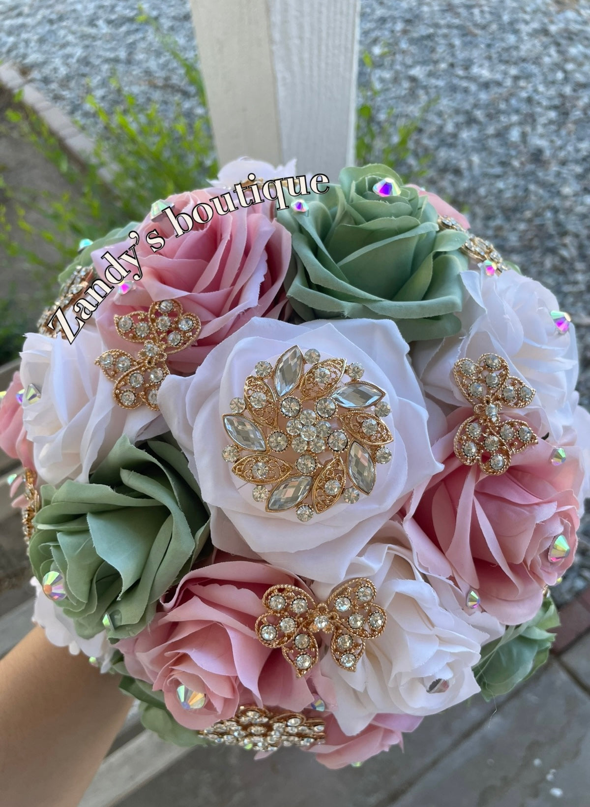 Sage, Blush and Cream Bouquet Along with Sparkly Gold Brooches Bouquet SBLCR005 by MARINA'S CRAFT.