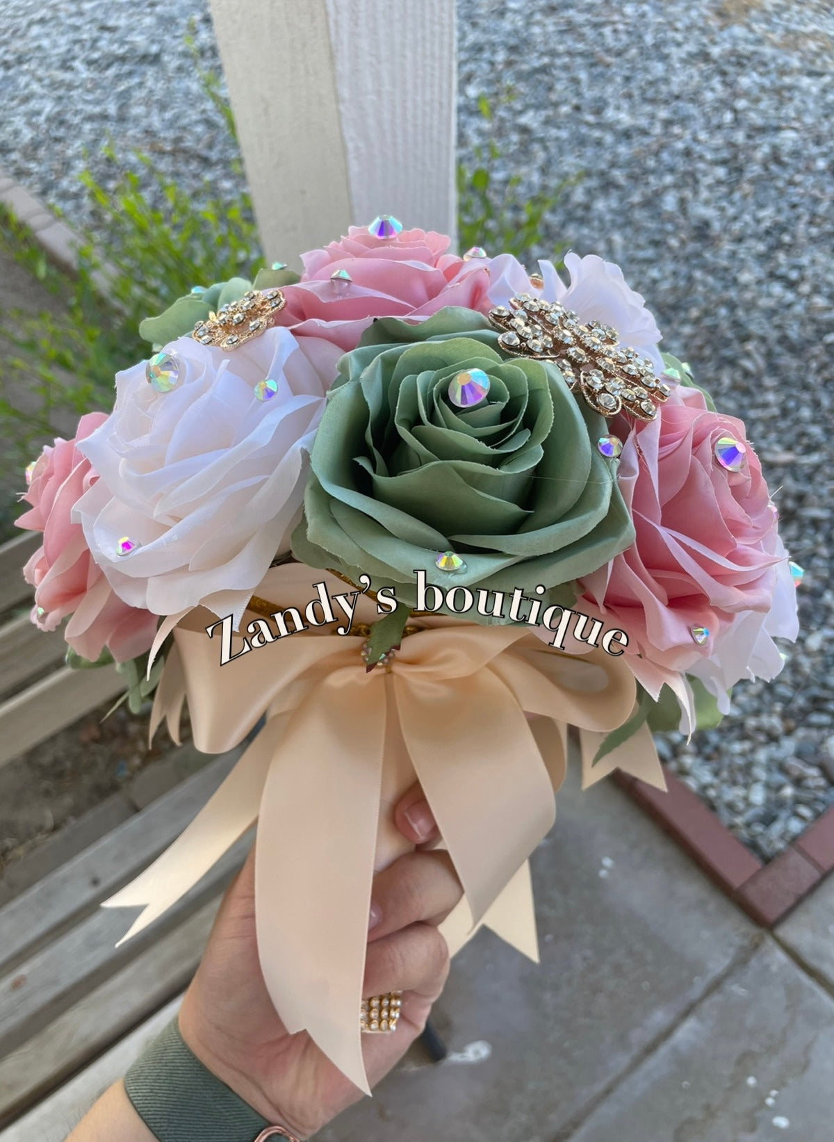 Sage, Blush and Cream Bouquet Along with Sparkly Gold Brooches Bouquet SBLCR005 by MARINA'S CRAFT.