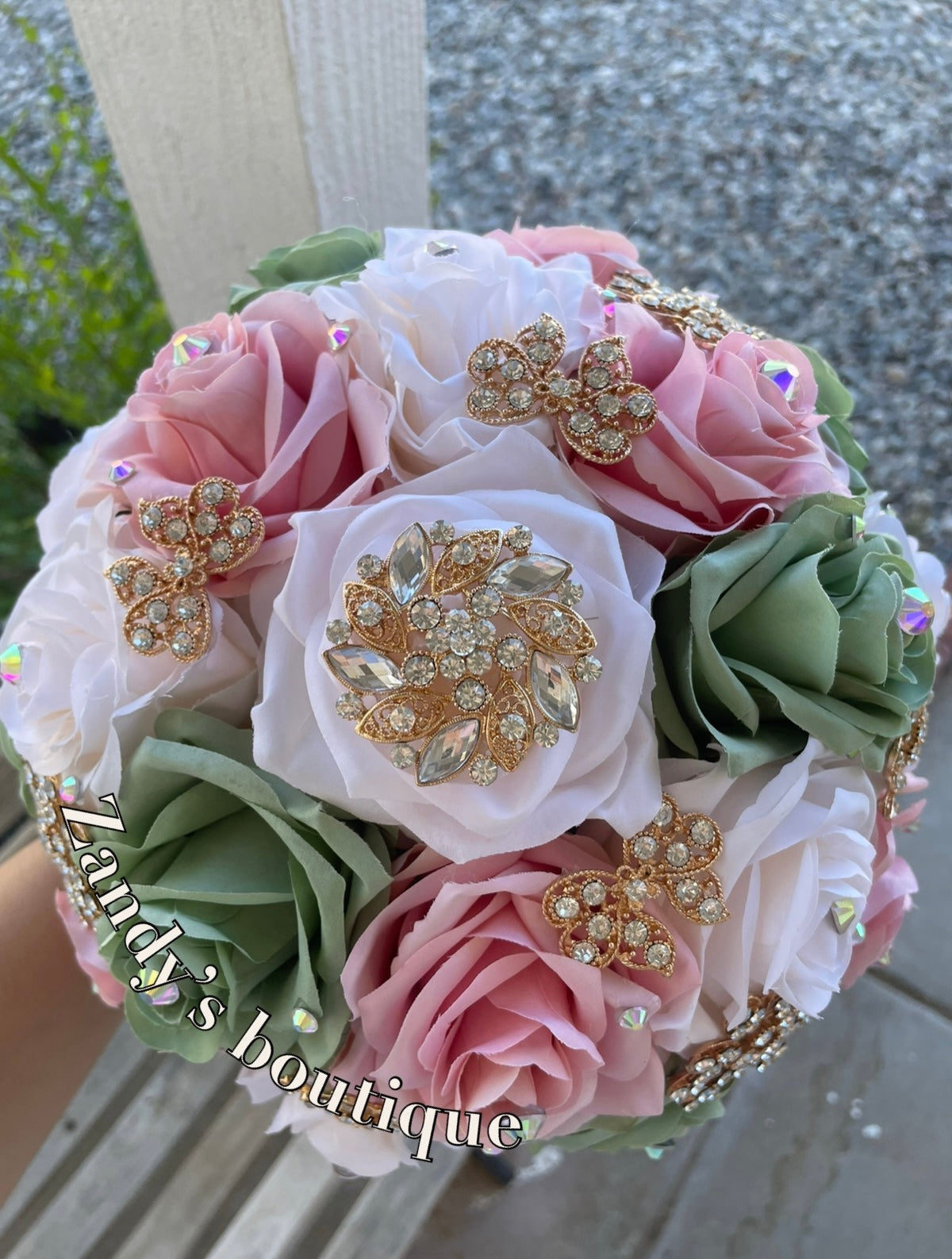 Sage, Blush and Cream Bouquet Along with Sparkly Gold Brooches Bouquet SBLCR005 by MARINA'S CRAFT.