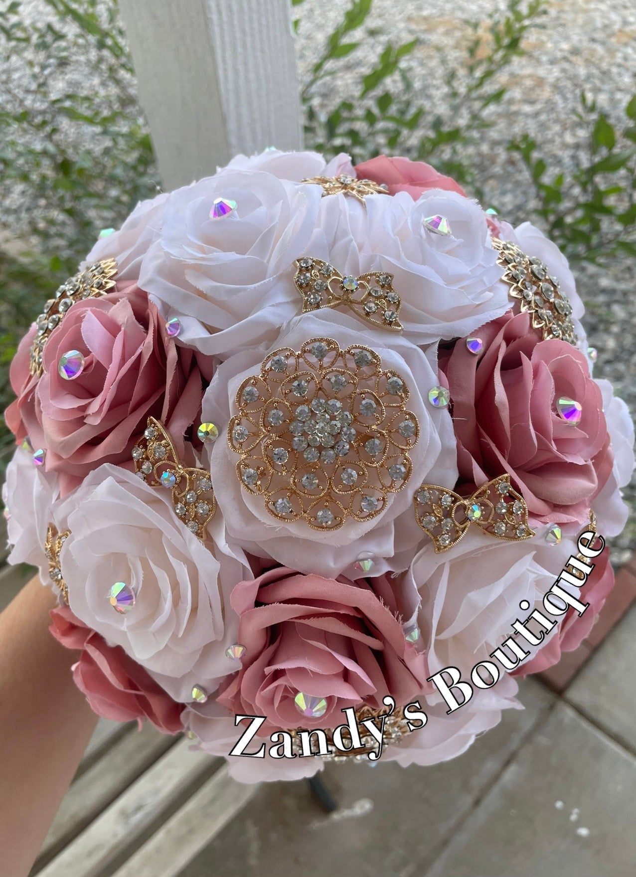 Cream and Dusty Rose with Gold Brooches Bouquet. CRDR023 by MARINA’S CRAFT.