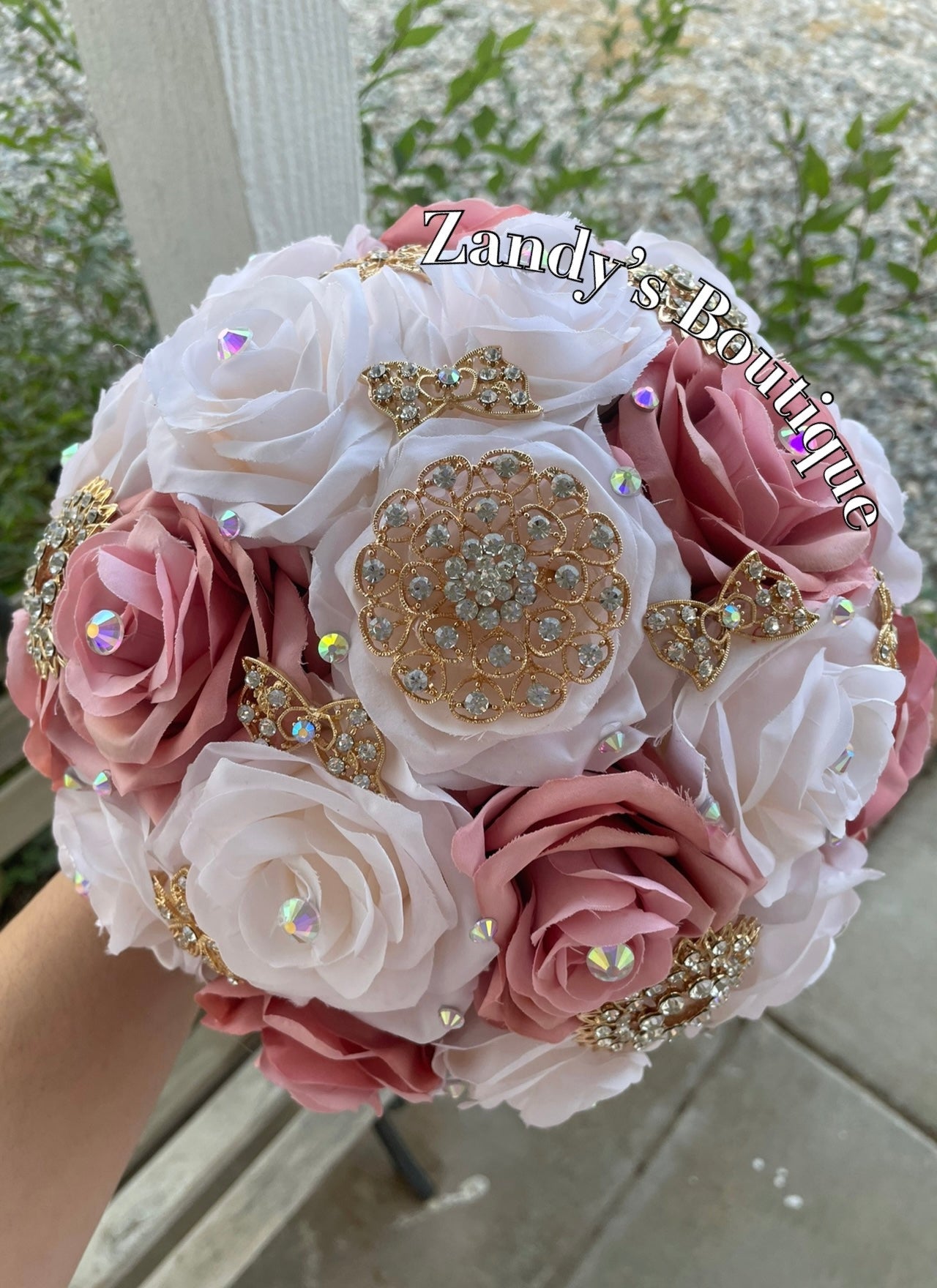 Cream and Dusty Rose with Gold Brooches Bouquet. CRDR023 by MARINA’S CRAFT.