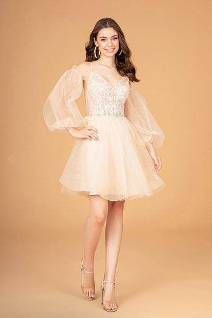 Sheer Bodice Glitter Short Dress w/ Detachable Mesh Long Sleeves. GS3095 by ELIZABETH K