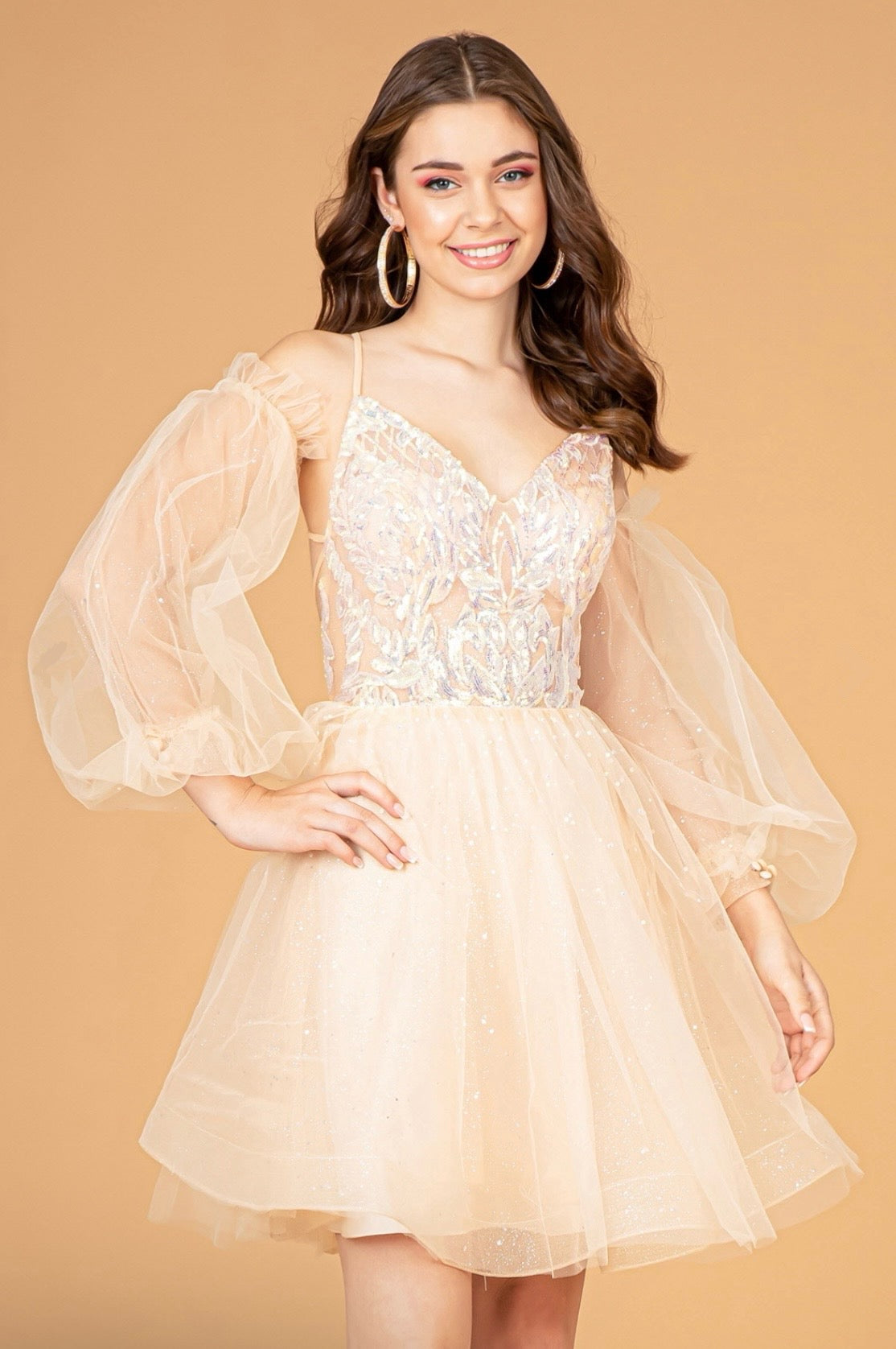 Sheer Bodice Glitter Short Dress w/ Detachable Mesh Long Sleeves. GS3095 by ELIZABETH K