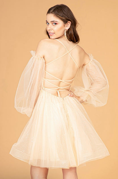 Sheer Bodice Glitter Short Dress w/ Detachable Mesh Long Sleeves. GS3095 by ELIZABETH K