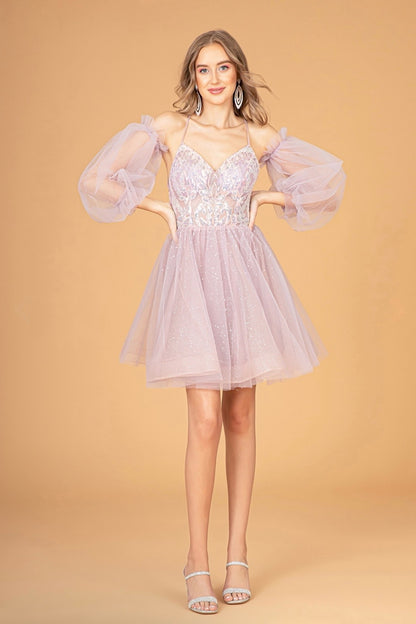 Sheer Bodice Glitter Short Dress w/ Detachable Mesh Long Sleeves. GS3095 by ELIZABETH K