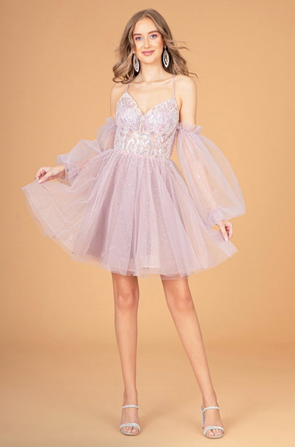 Sheer Bodice Glitter Short Dress w/ Detachable Mesh Long Sleeves. GS3095 by ELIZABETH K