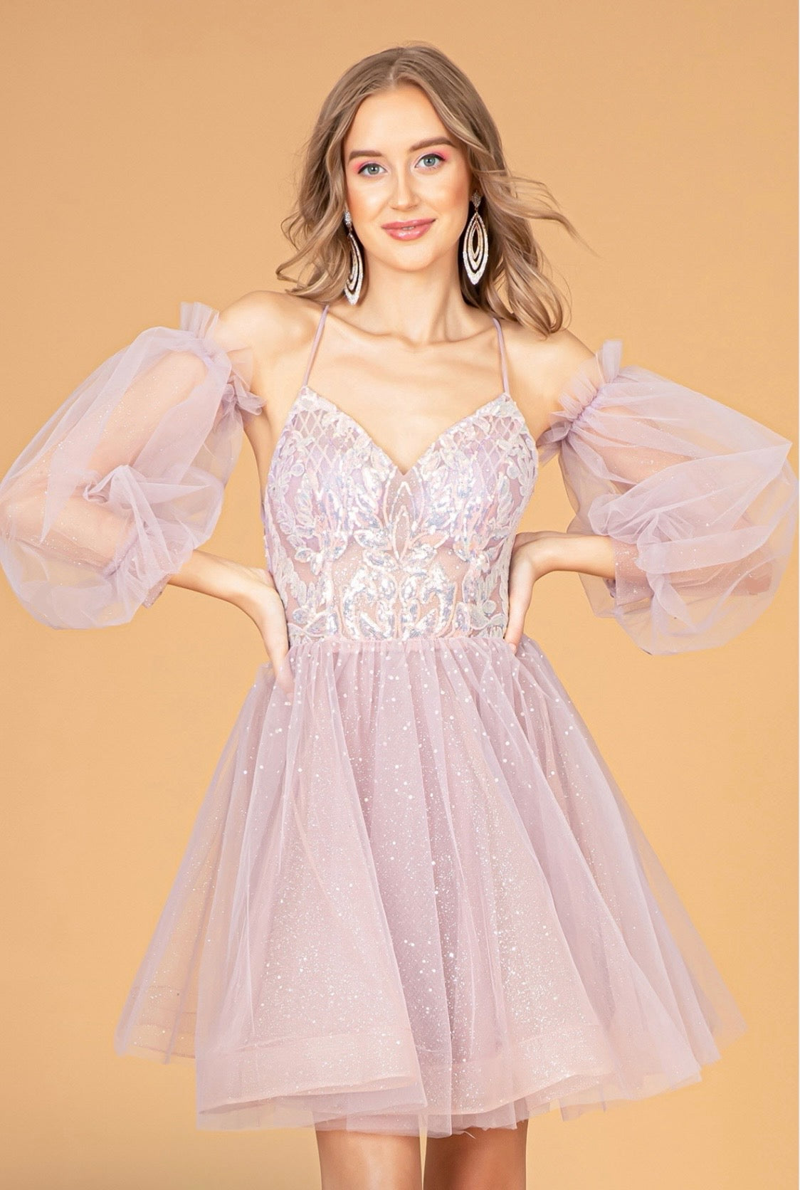 Sheer Bodice Glitter Short Dress w/ Detachable Mesh Long Sleeves. GS3095 by ELIZABETH K