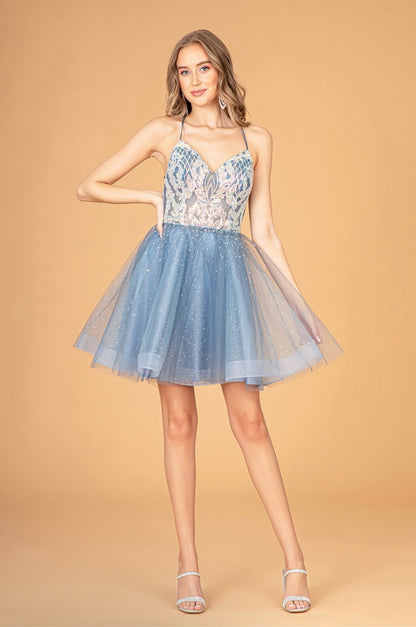 Sheer Bodice Glitter Short Dress w/ Detachable Mesh Long Sleeves. GS3095 by ELIZABETH K