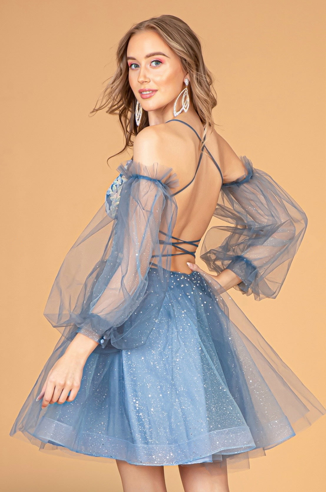 Sheer Bodice Glitter Short Dress w/ Detachable Mesh Long Sleeves. GS3095 by ELIZABETH K