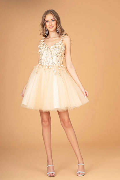 Sequin Floral Applique V-Back Glitter Mesh Homecoming Dress w/ Sweetheart Neckline. GS1999 by Elizabeth K.