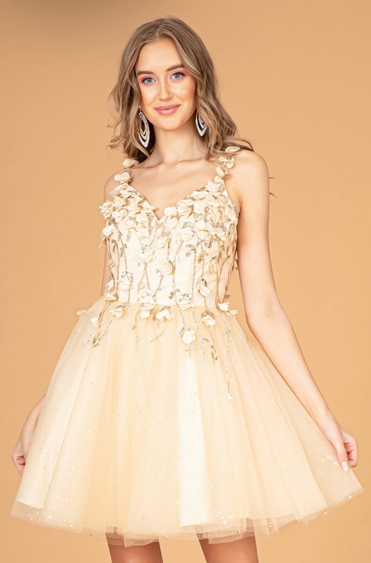 Sequin Floral Applique V-Back Glitter Mesh Homecoming Dress w/ Sweetheart Neckline. GS1999 by Elizabeth K.