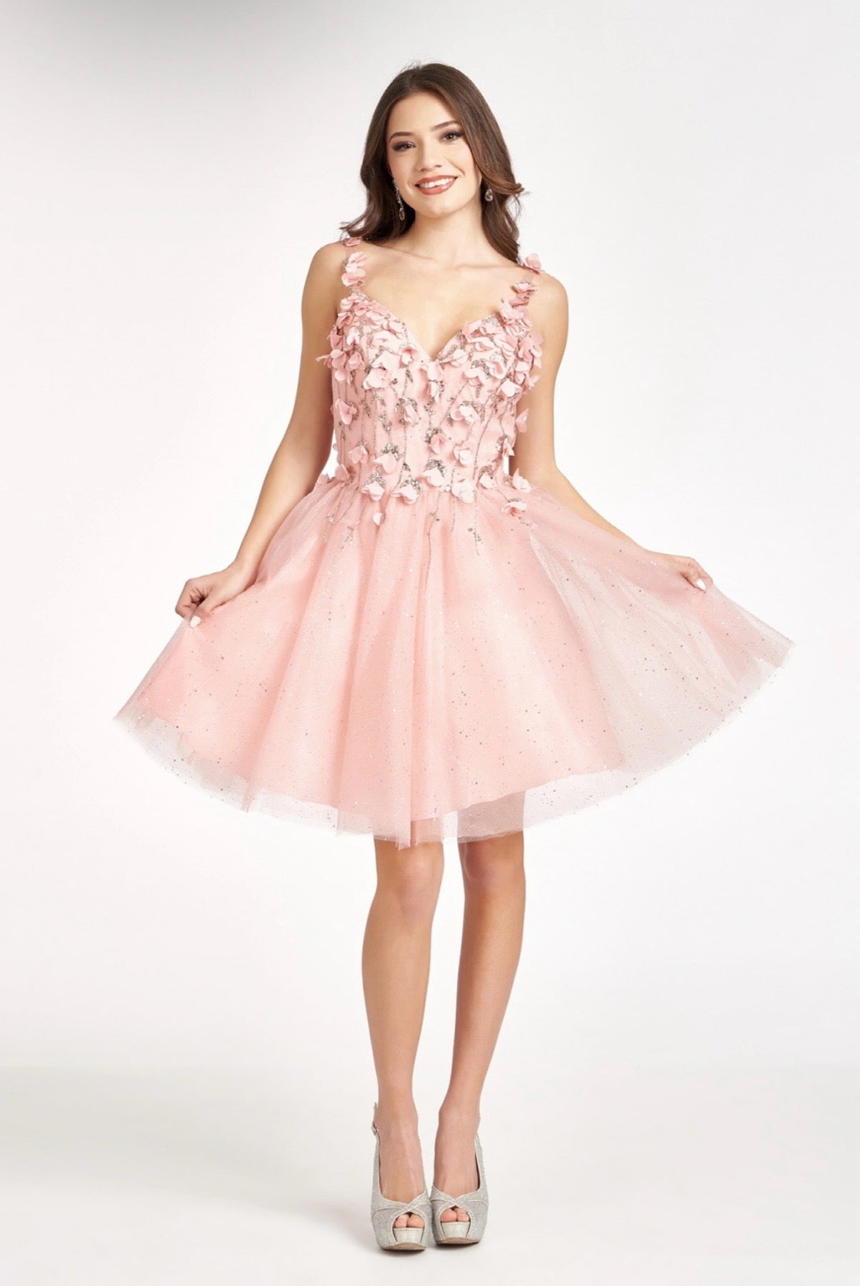 Sequin Floral Applique V-Back Glitter Mesh Homecoming Dress w/ Sweetheart Neckline. GS1999 by Elizabeth K.