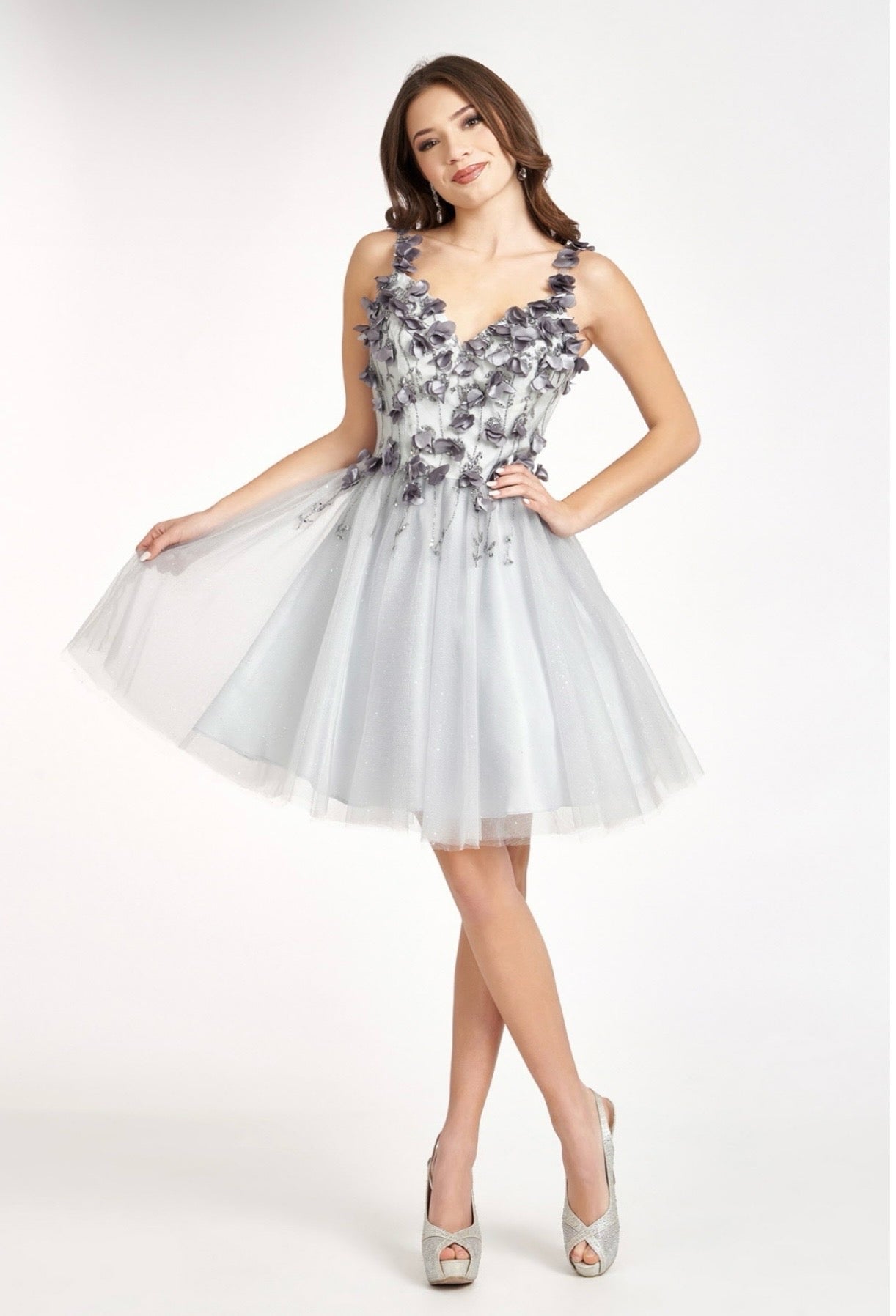 Sequin Floral Applique V-Back Glitter Mesh Homecoming Dress w/ Sweetheart Neckline. GS1999 by Elizabeth K.