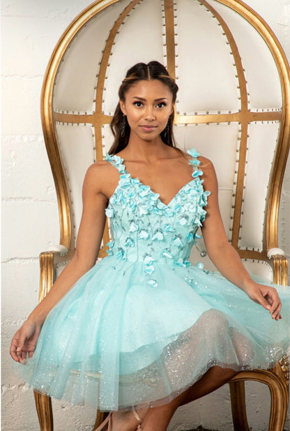 Sequin Floral Applique V-Back Glitter Mesh Homecoming Dress w/ Sweetheart Neckline. GS1999 by Elizabeth K.