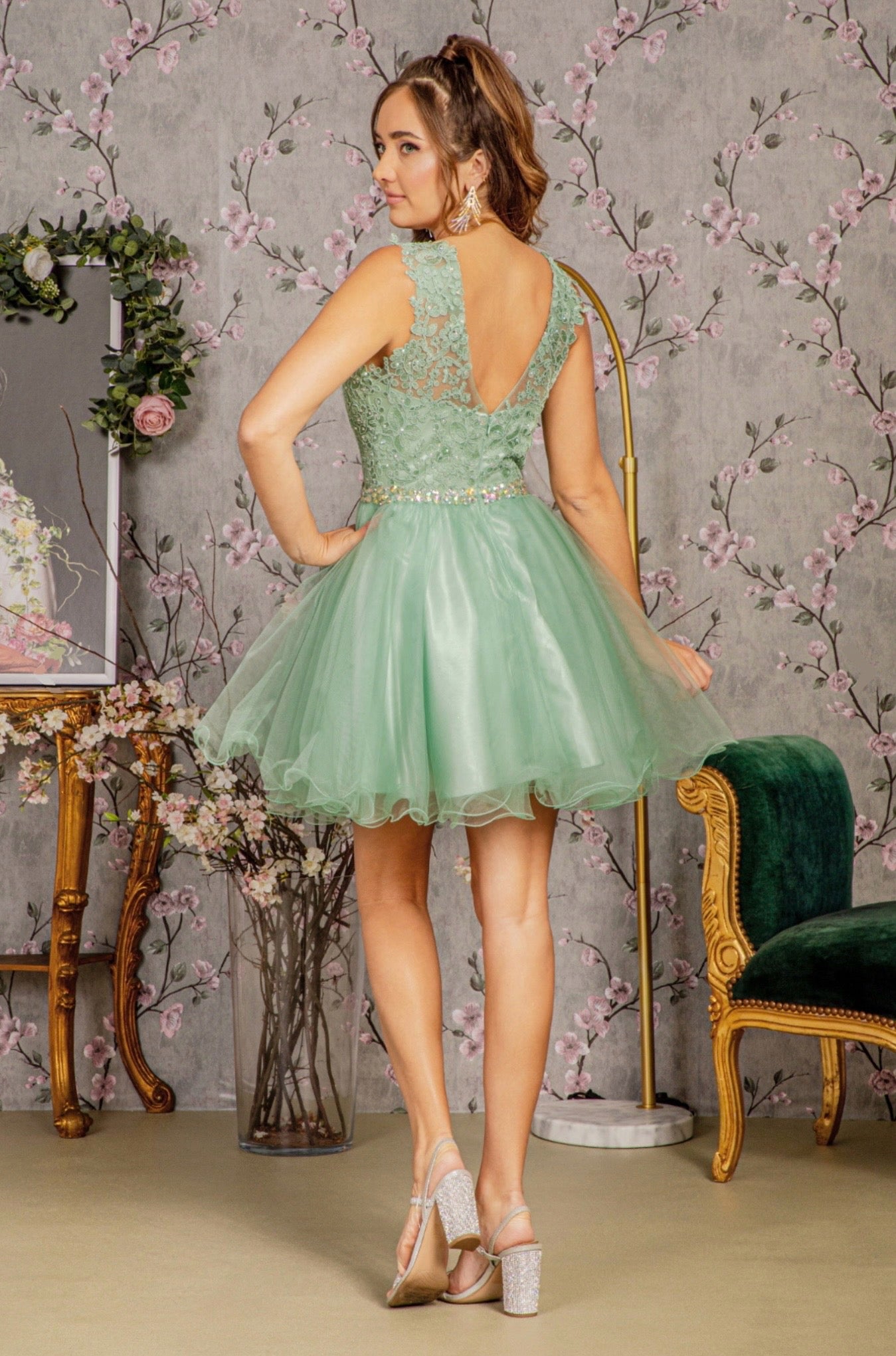 Lace Illusion Top A-line Short Dress with Beaded Waist. GS2375 by Elizabeth K