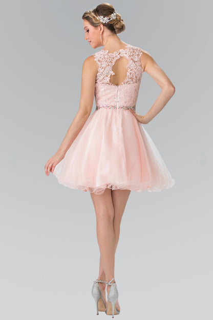 Lace Illusion Top A-line Short Dress with Beaded Waist. GS2375 by Elizabeth K