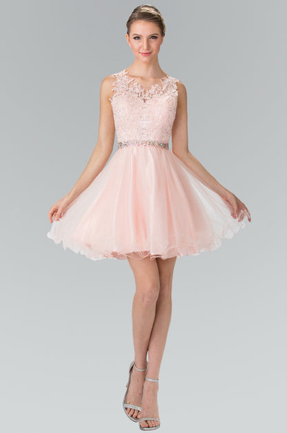 Lace Illusion Top A-line Short Dress with Beaded Waist. GS2375 by Elizabeth K