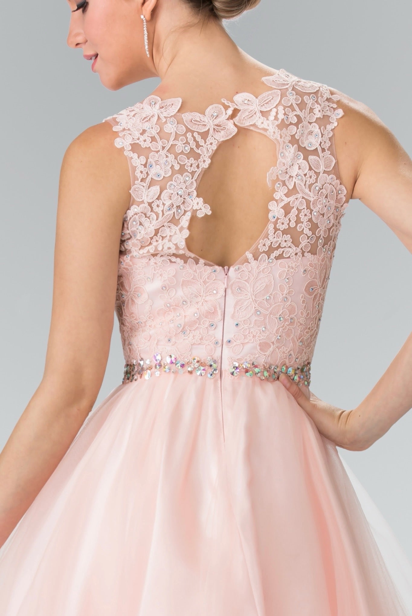 Lace Illusion Top A-line Short Dress with Beaded Waist. GS2375 by Elizabeth K