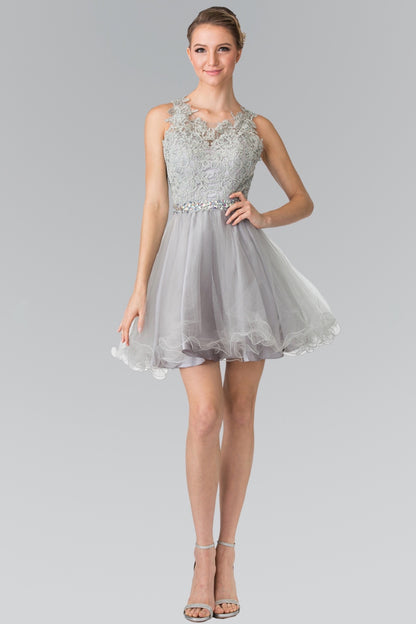 Lace Illusion Top A-line Short Dress with Beaded Waist. GS2375 by Elizabeth K