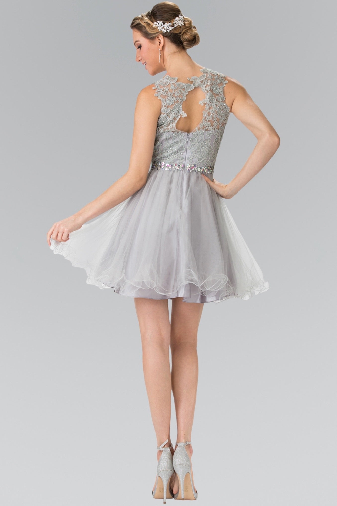 Lace Illusion Top A-line Short Dress with Beaded Waist. GS2375 by Elizabeth K