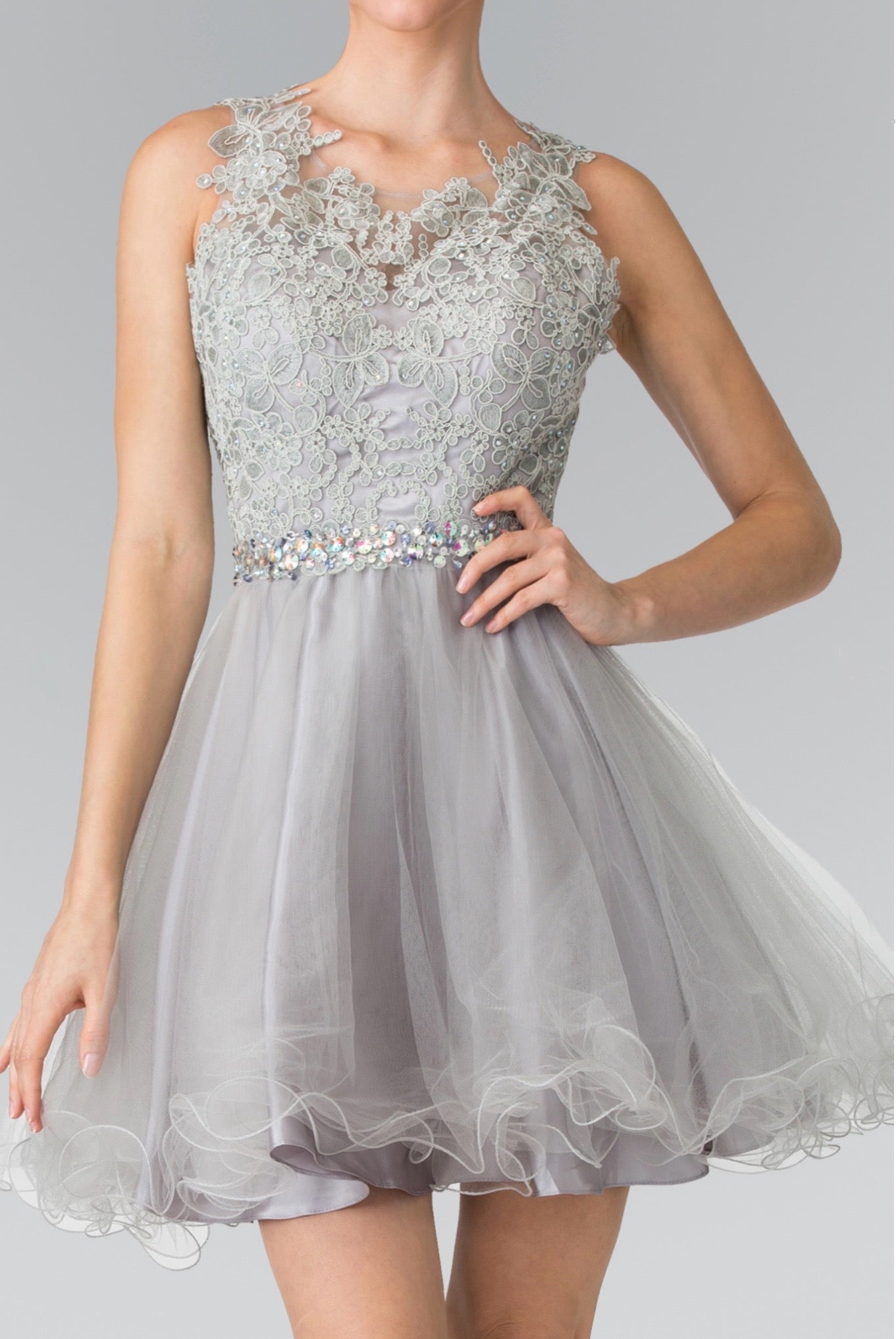 Lace Illusion Top A-line Short Dress with Beaded Waist. GS2375 by Elizabeth K