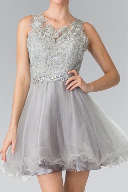 Lace Illusion Top A-line Short Dress with Beaded Waist. GS2375 by Elizabeth K