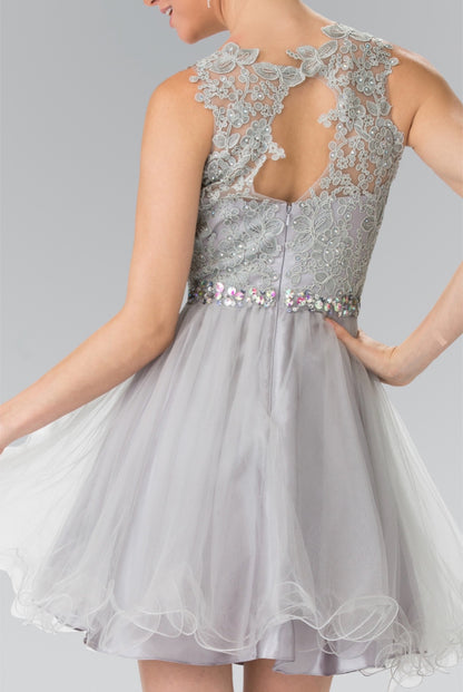 Lace Illusion Top A-line Short Dress with Beaded Waist. GS2375 by Elizabeth K