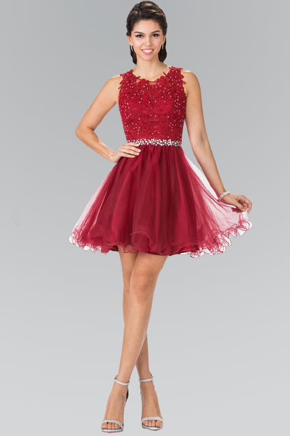 Lace Illusion Top A-line Short Dress with Beaded Waist. GS2375 by Elizabeth K