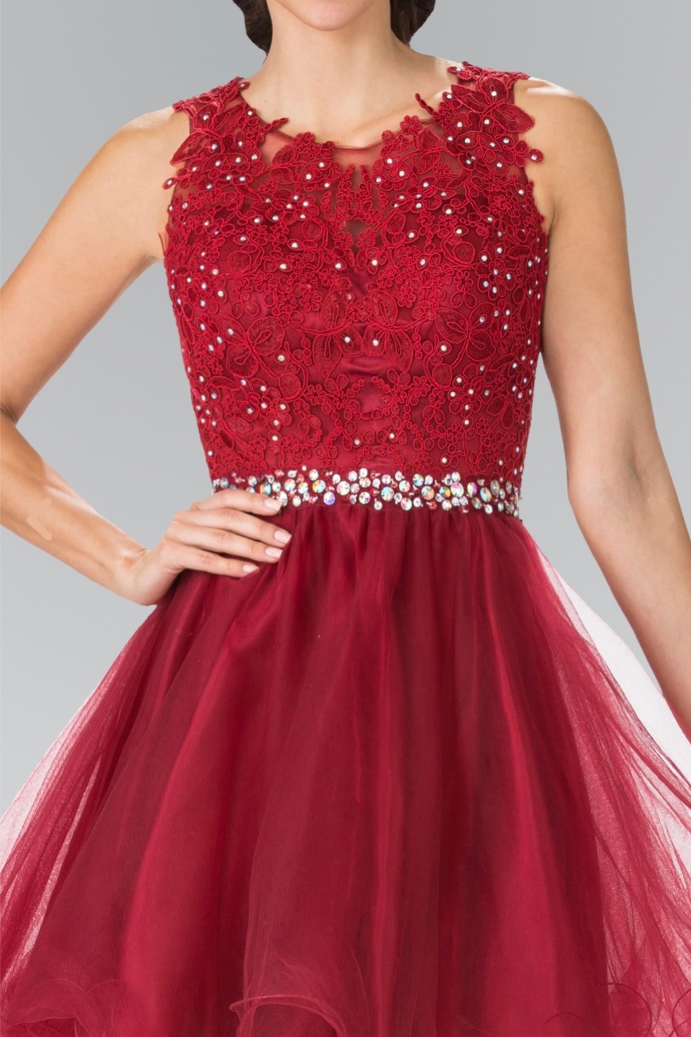 Lace Illusion Top A-line Short Dress with Beaded Waist. GS2375 by Elizabeth K