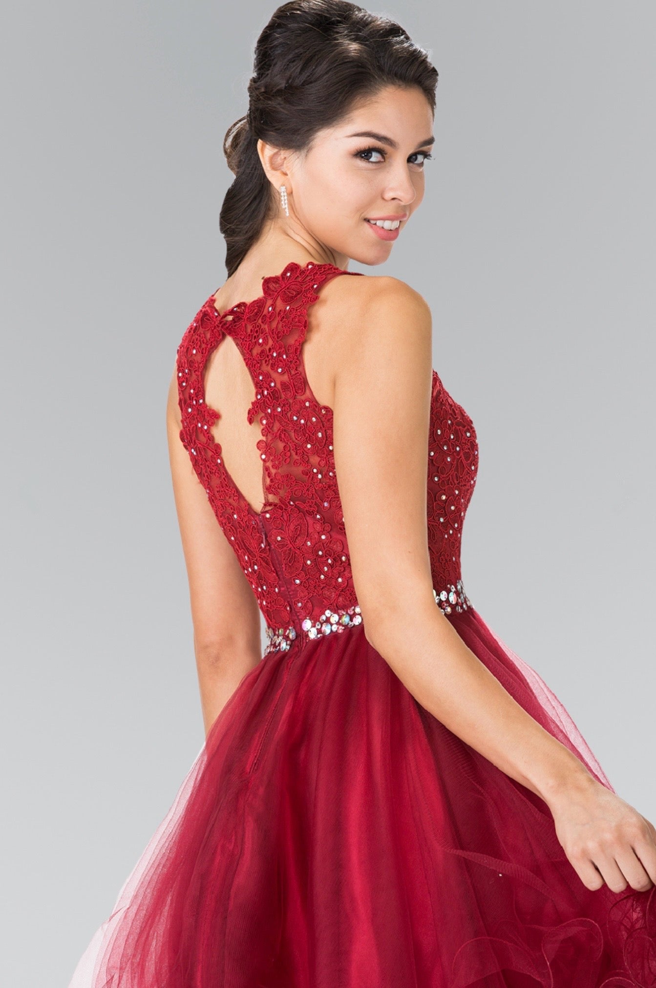 Lace Illusion Top A-line Short Dress with Beaded Waist. GS2375 by Elizabeth K