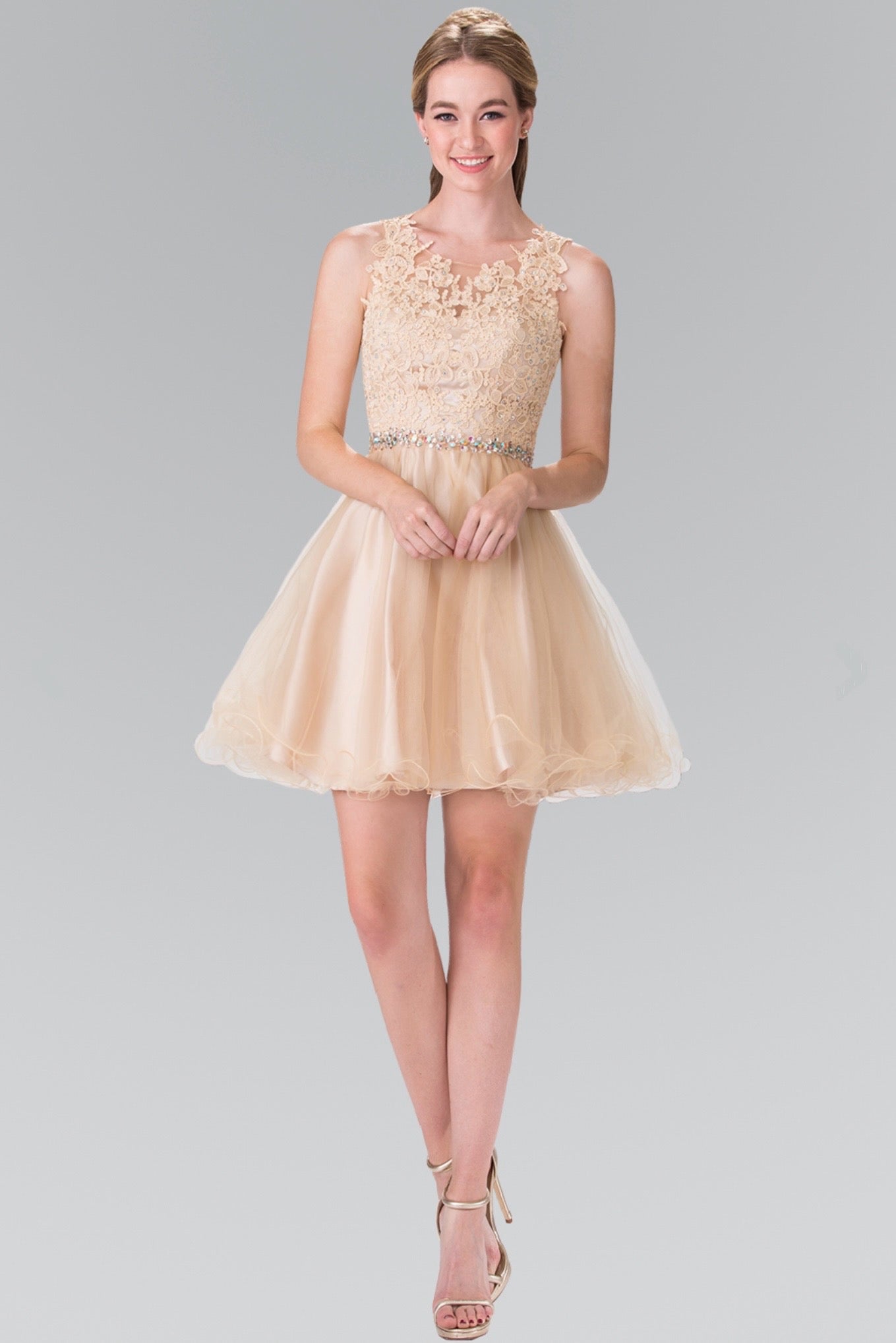 Lace Illusion Top A-line Short Dress with Beaded Waist. GS2375 by Elizabeth K