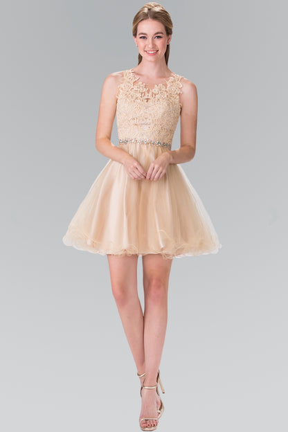 Lace Illusion Top A-line Short Dress with Beaded Waist. GS2375 by Elizabeth K