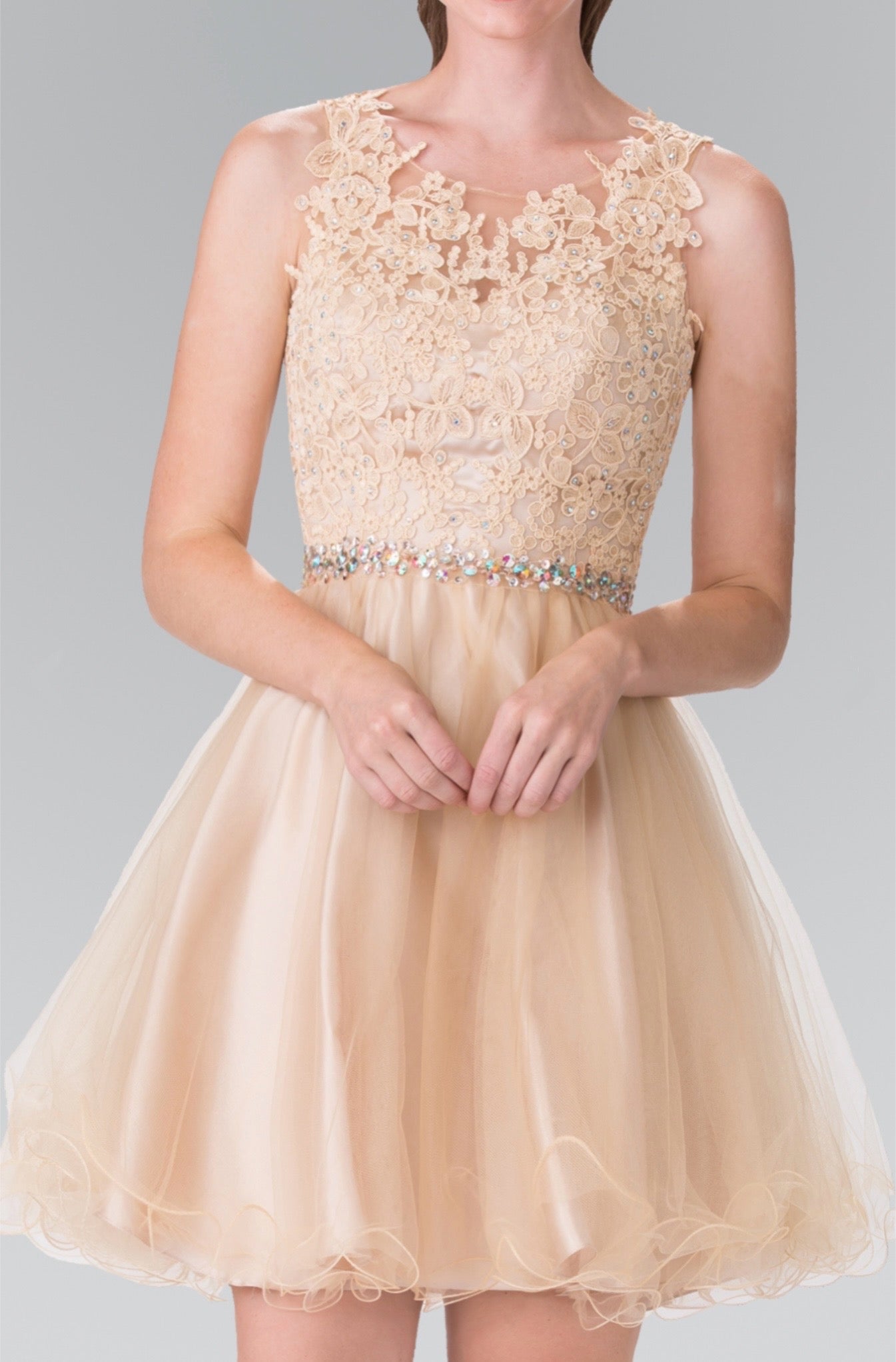 Lace Illusion Top A-line Short Dress with Beaded Waist. GS2375 by Elizabeth K