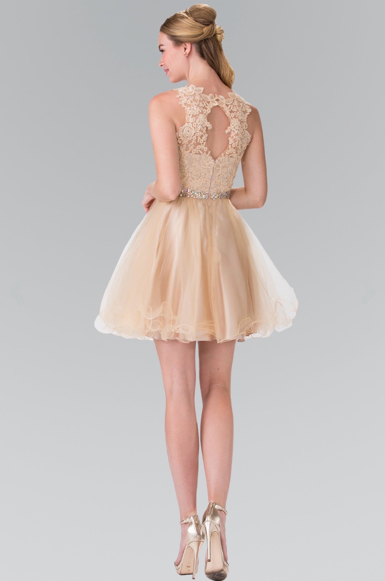 Lace Illusion Top A-line Short Dress with Beaded Waist. GS2375 by Elizabeth K