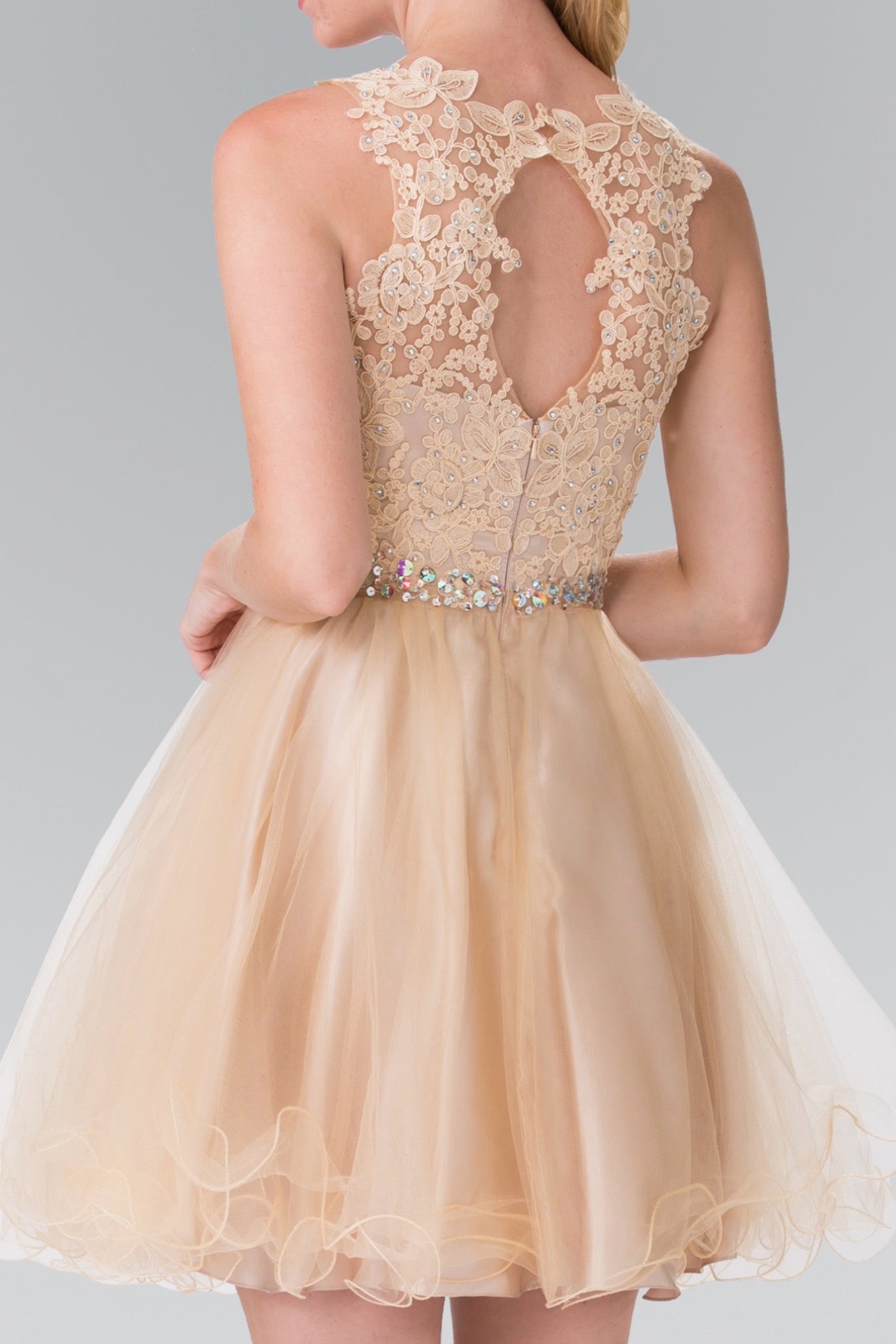 Lace Illusion Top A-line Short Dress with Beaded Waist. GS2375 by Elizabeth K