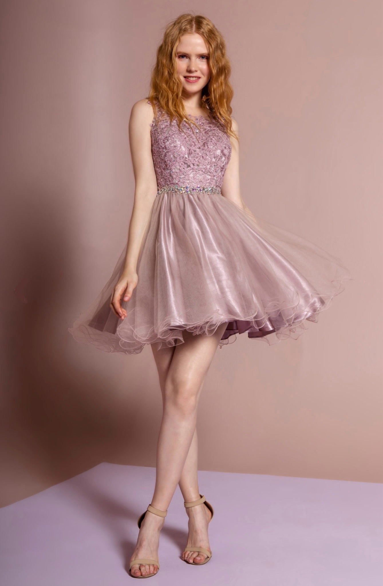 Lace Illusion Top A-line Short Dress with Beaded Waist. GS2375 by Elizabeth K