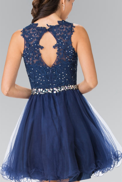 Lace Illusion Top A-line Short Dress with Beaded Waist. GS2375 by Elizabeth K