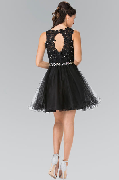 Lace Illusion Top A-line Short Dress with Beaded Waist. GS2375 by Elizabeth K