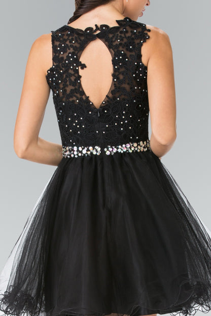 Lace Illusion Top A-line Short Dress with Beaded Waist. GS2375 by Elizabeth K