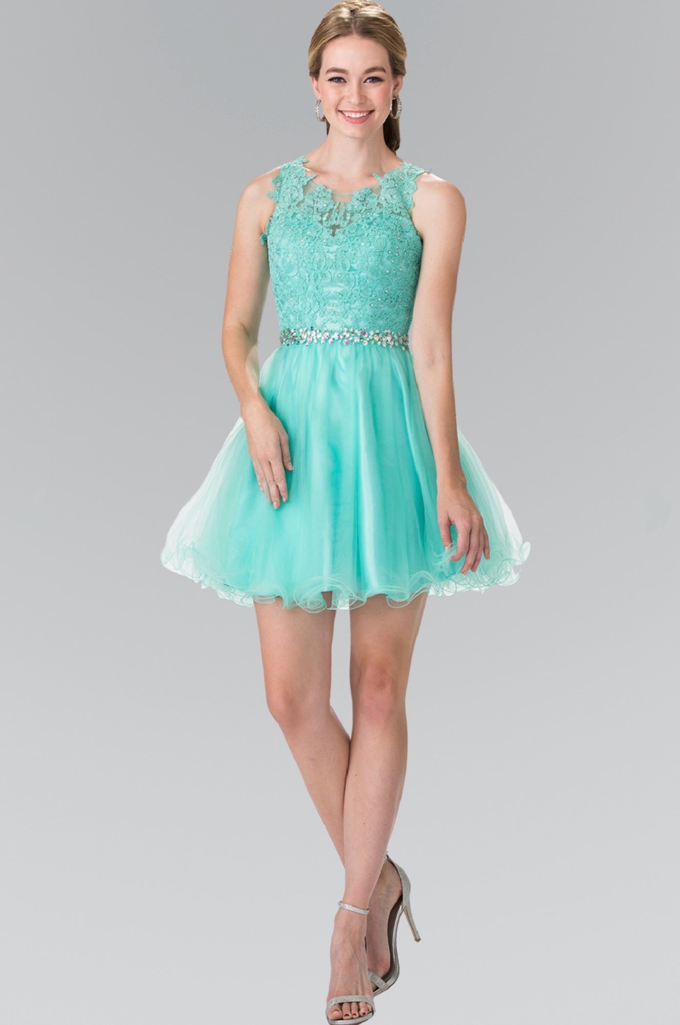 Lace Illusion Top A-line Short Dress with Beaded Waist. GS2375 by Elizabeth K